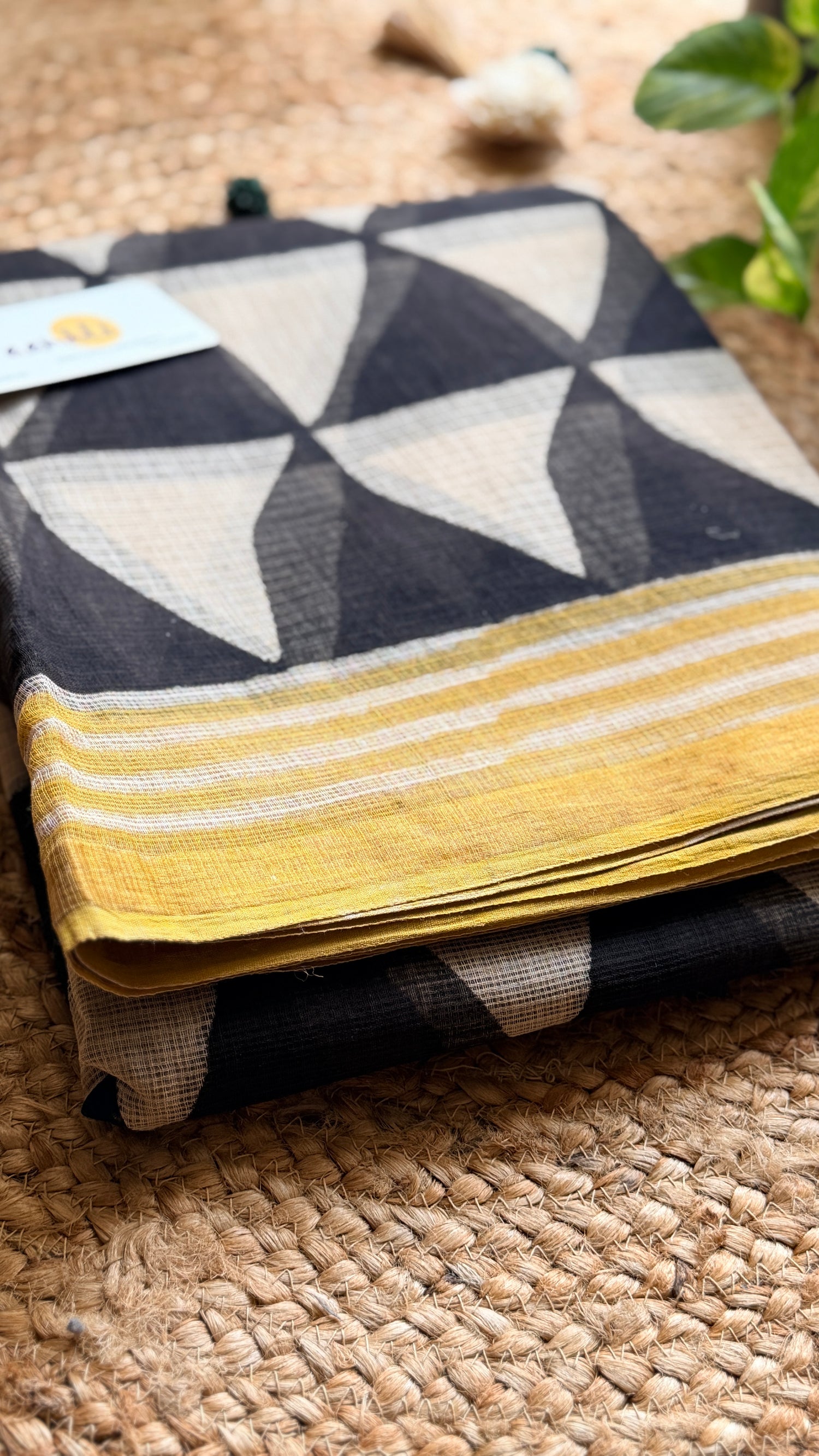 Black and white geometric handblock kota doria saree
