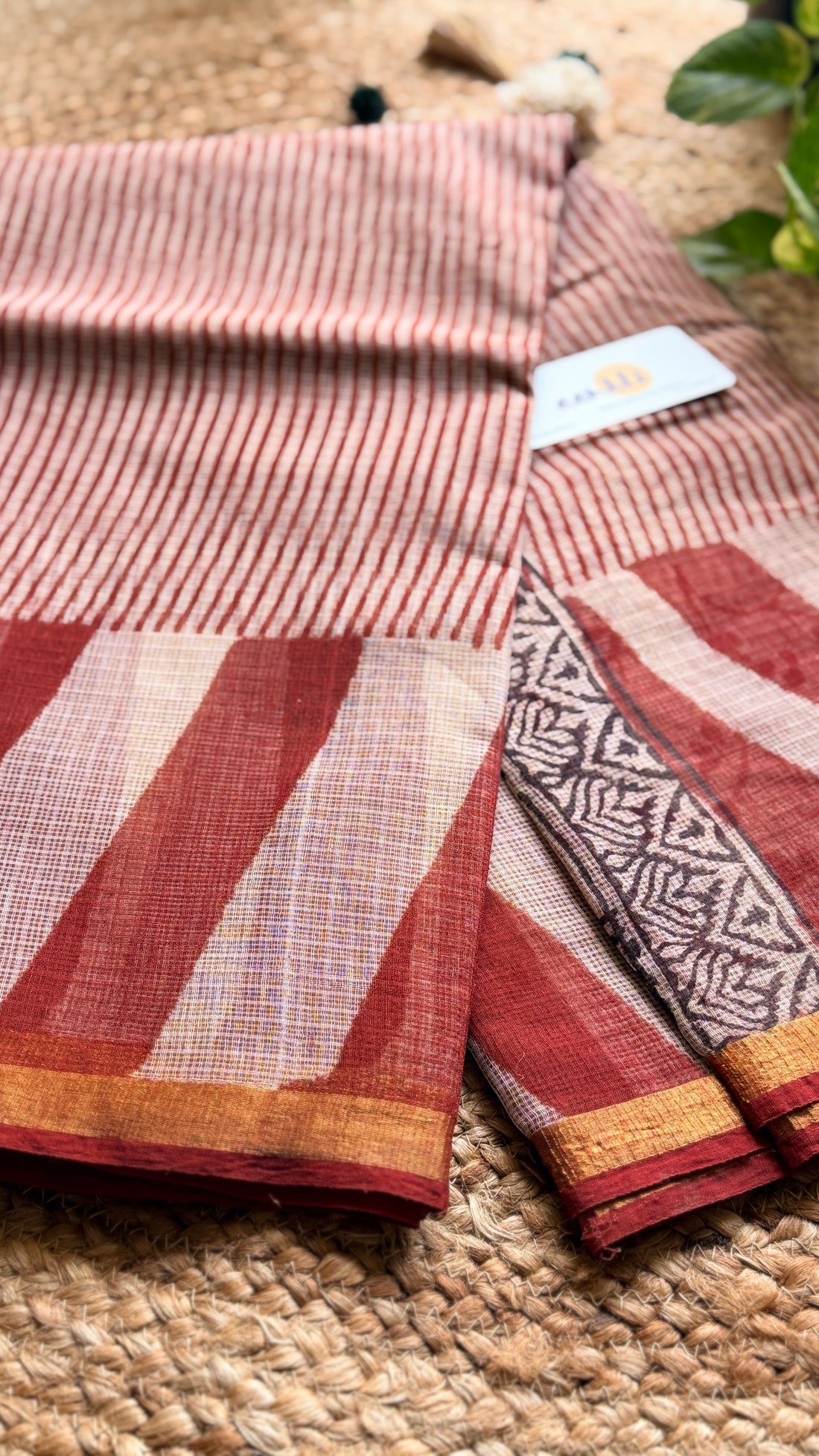 Red and white handblock kota doria saree