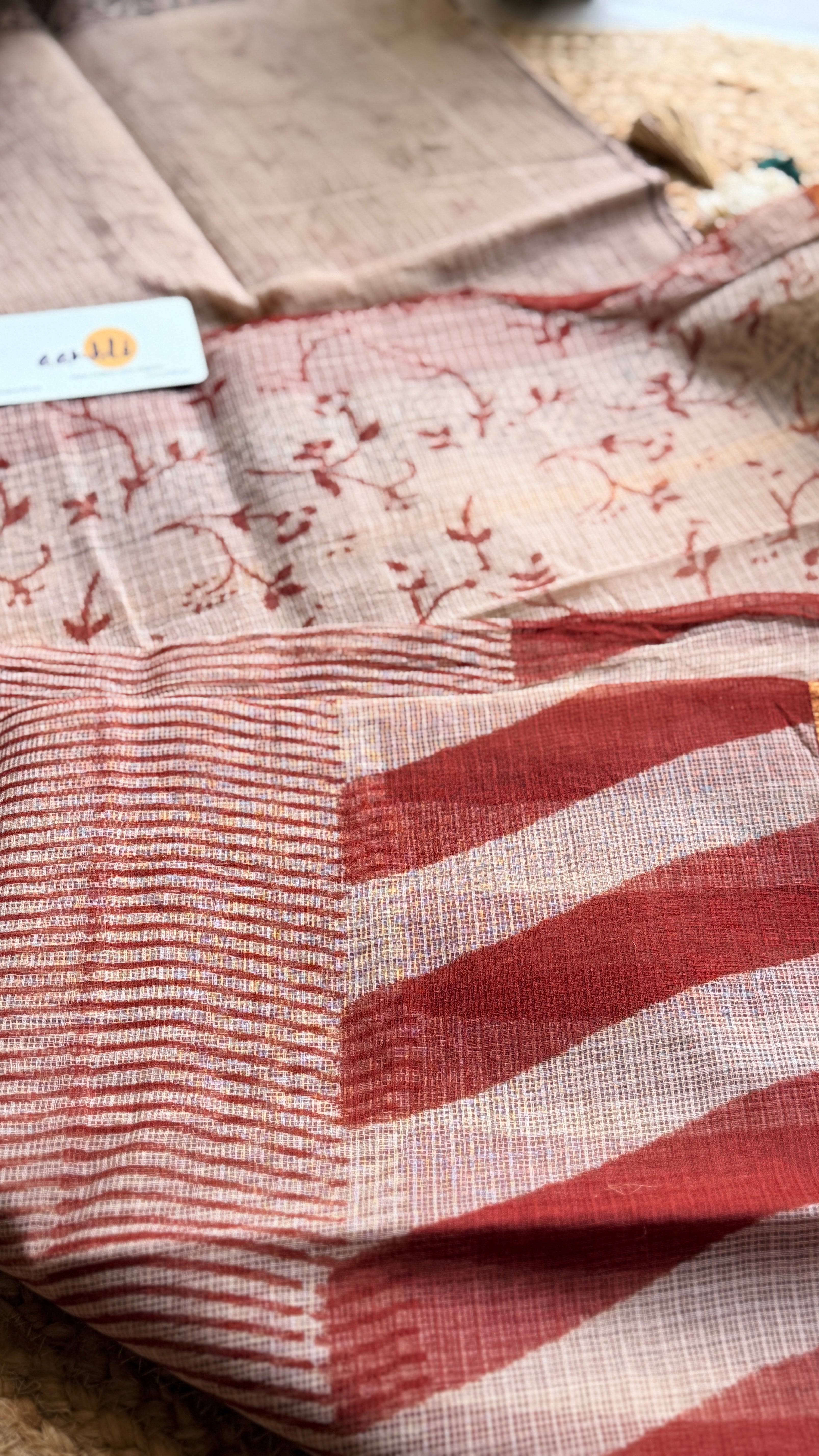 Red and white handblock kota doria saree