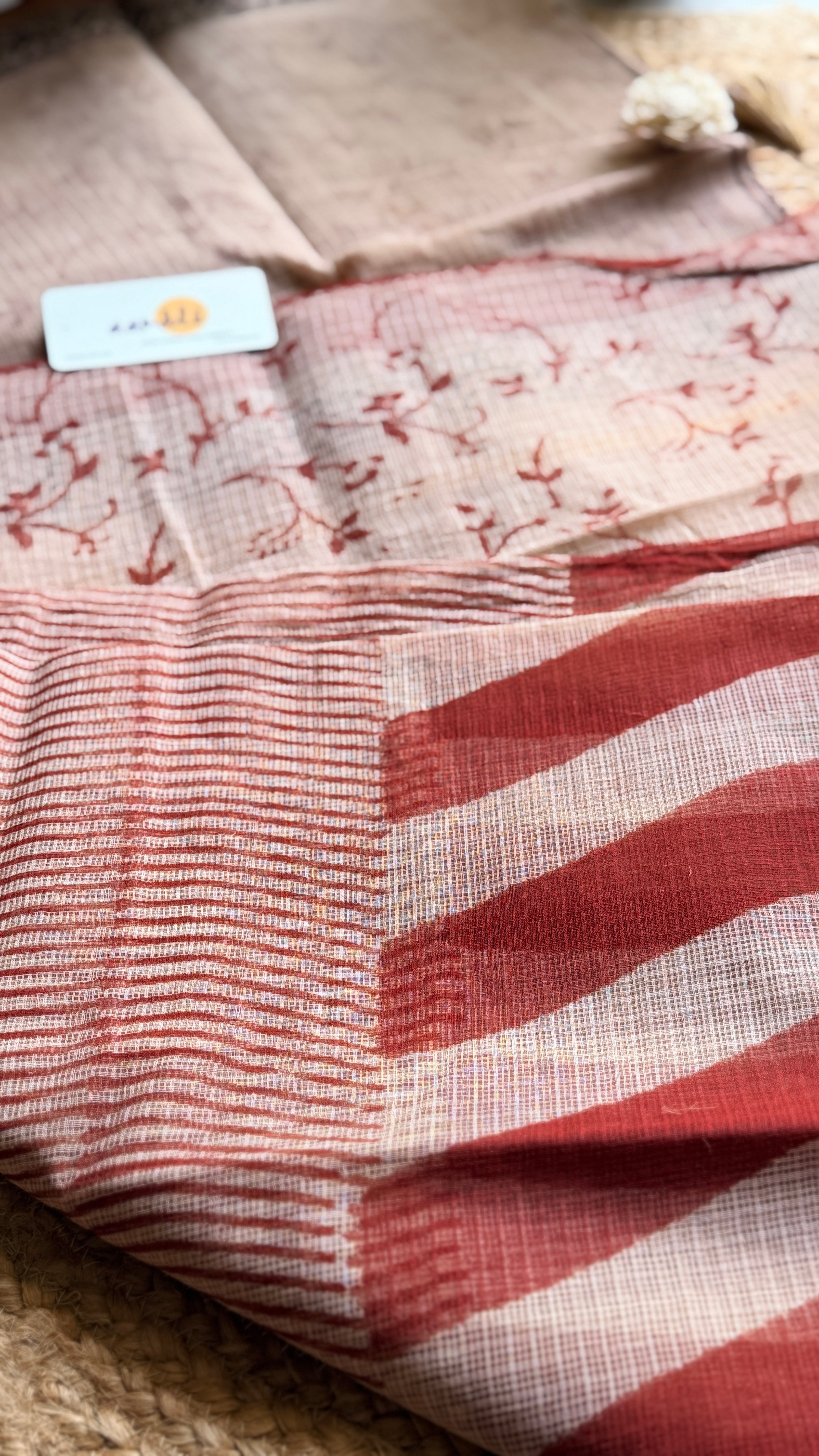 Red and white handblock kota doria saree