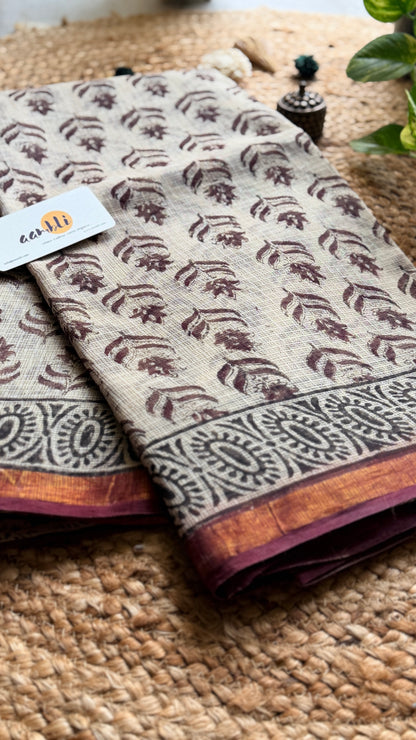 Beige Handblock kota doria saree