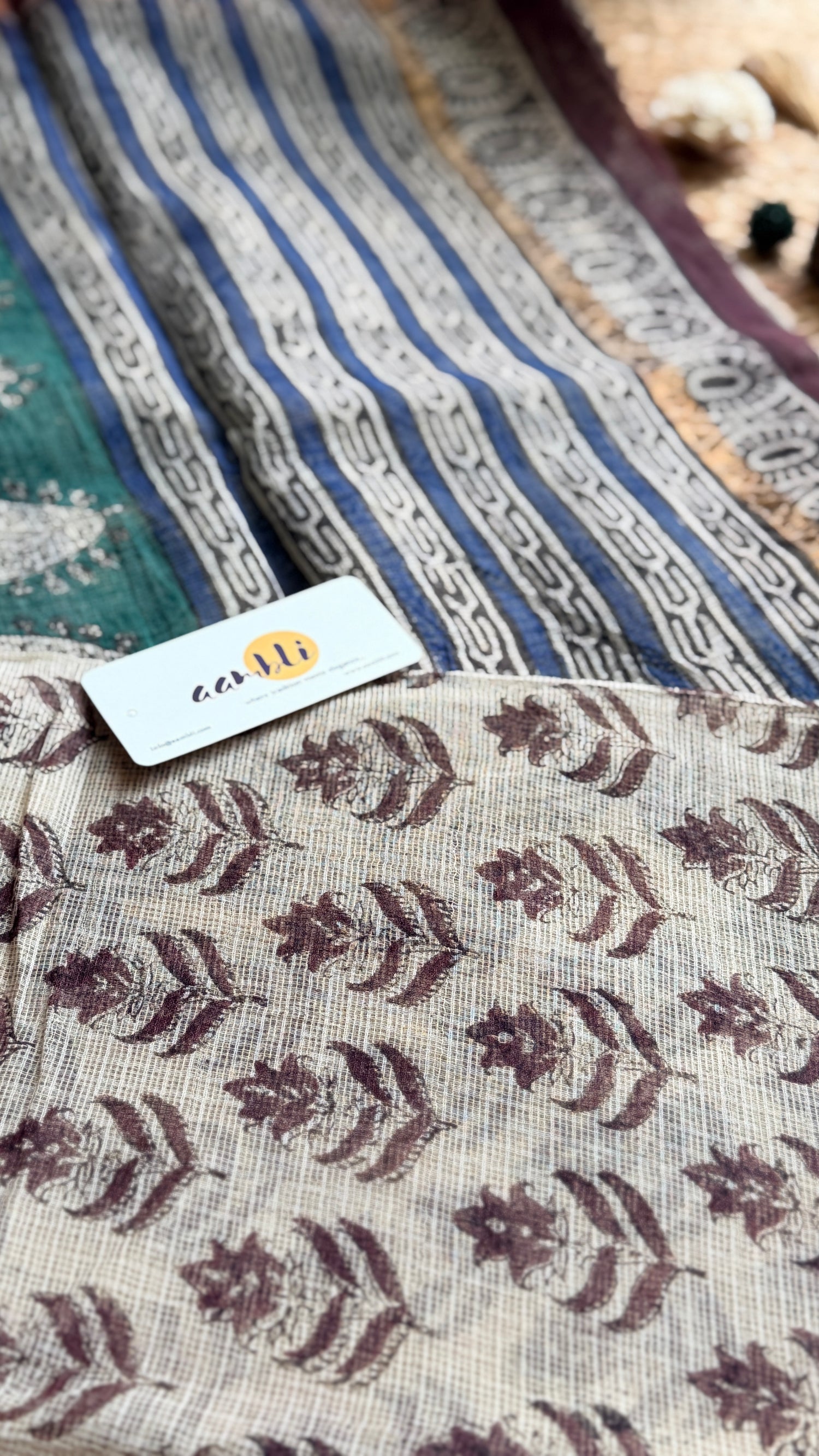 Beige Handblock kota doria saree