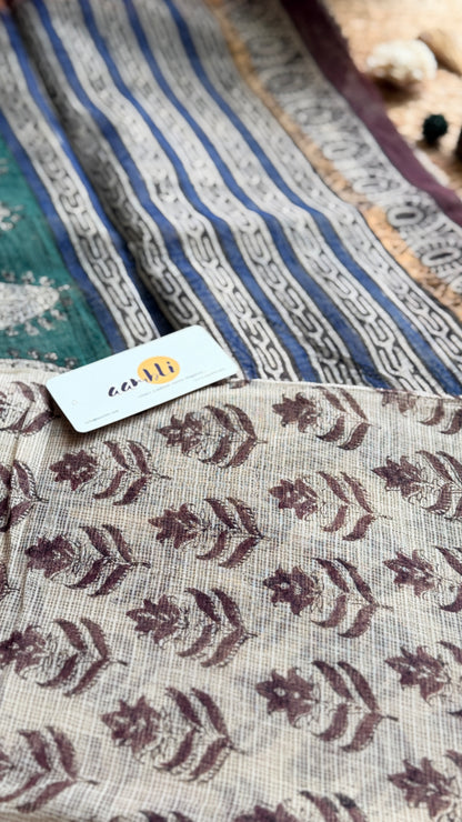 Beige Handblock kota doria saree