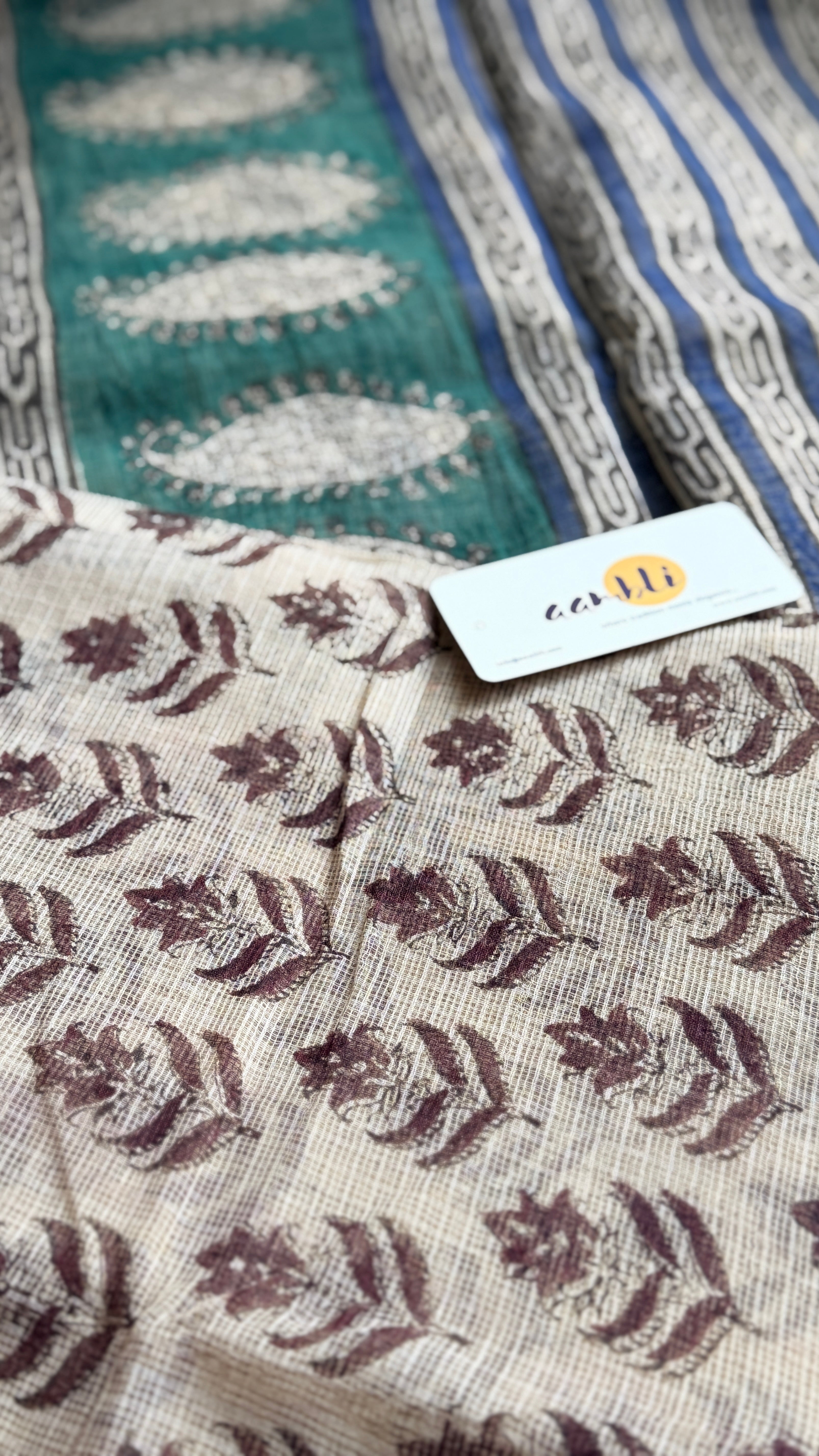 Beige Handblock kota doria saree
