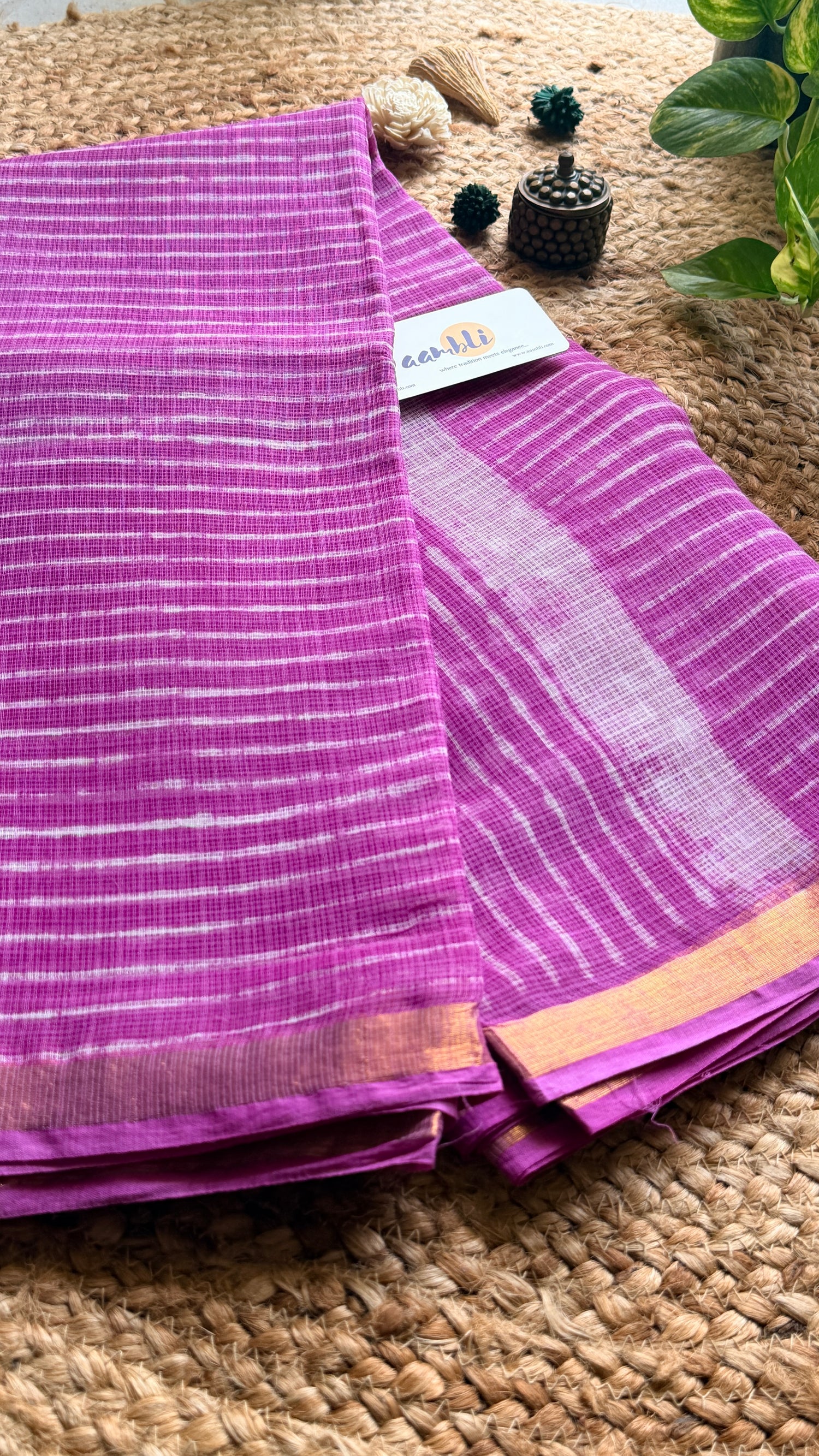 Pink Stripes handblock Kota doria saree