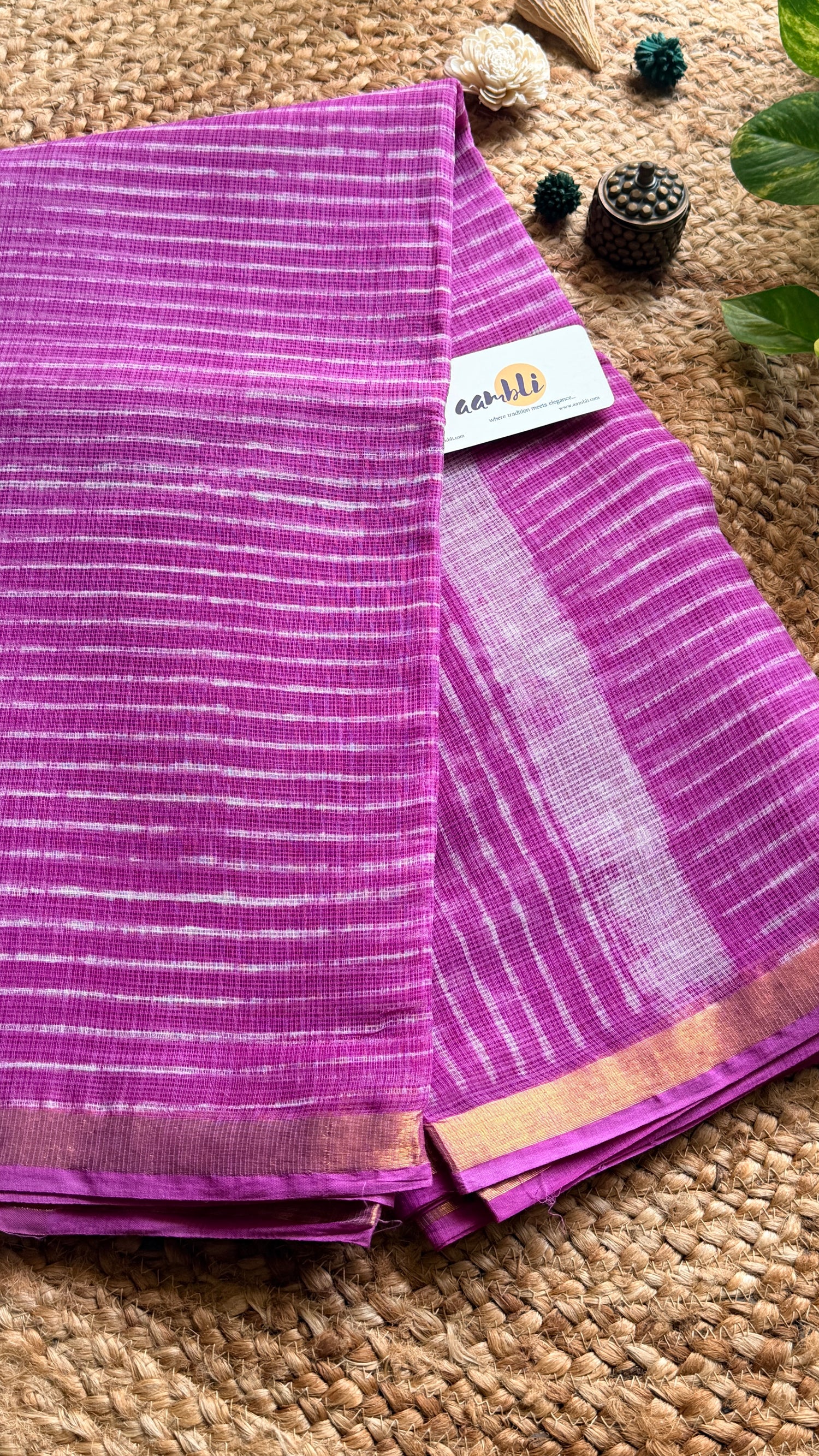 Pink Stripes handblock Kota doria saree