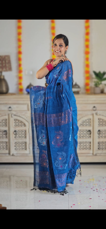 Blue flower pure handwoven linen saree with zari flowers