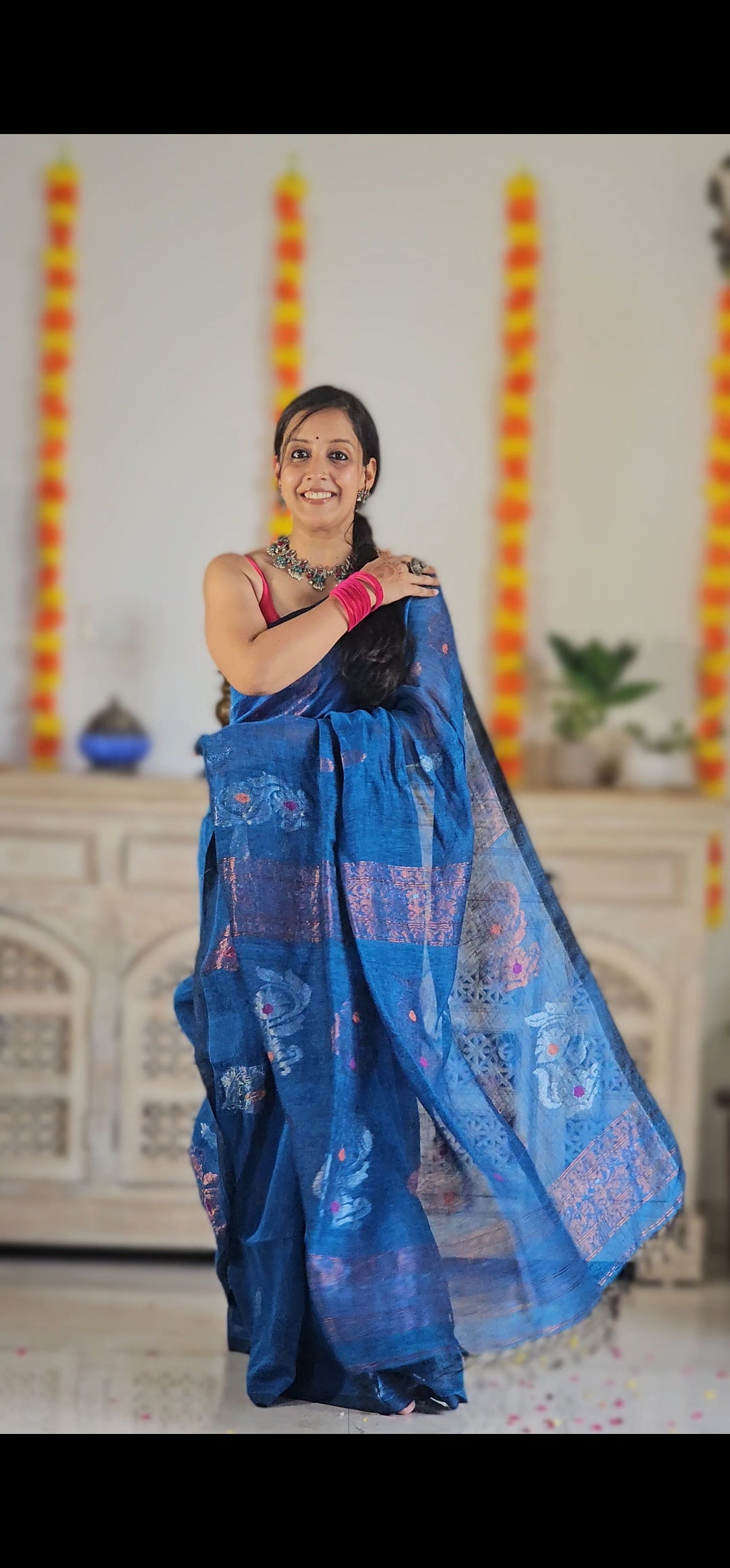 Blue flower pure handwoven linen saree with zari flowers