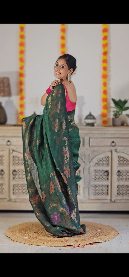 Green flower pure handwoven linen saree with zari flowers