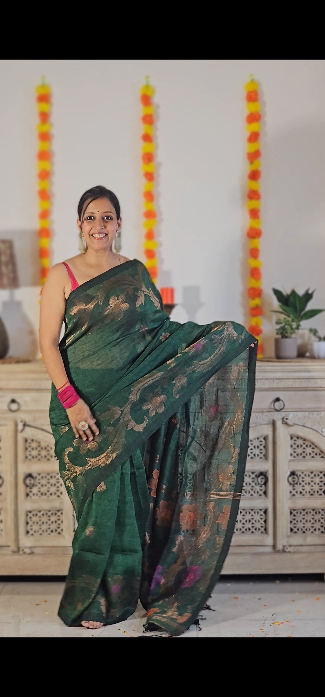 Green flower pure handwoven linen saree with zari flowers