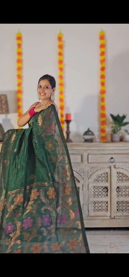 Green flower pure handwoven linen saree with zari flowers