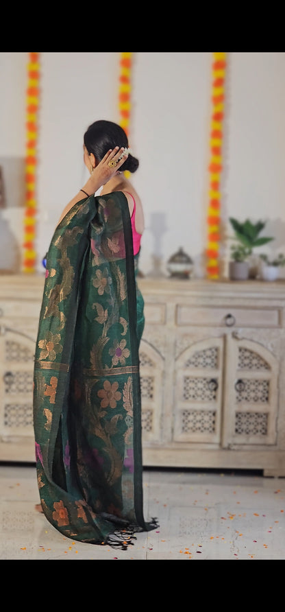 Green flower pure handwoven linen saree with zari flowers