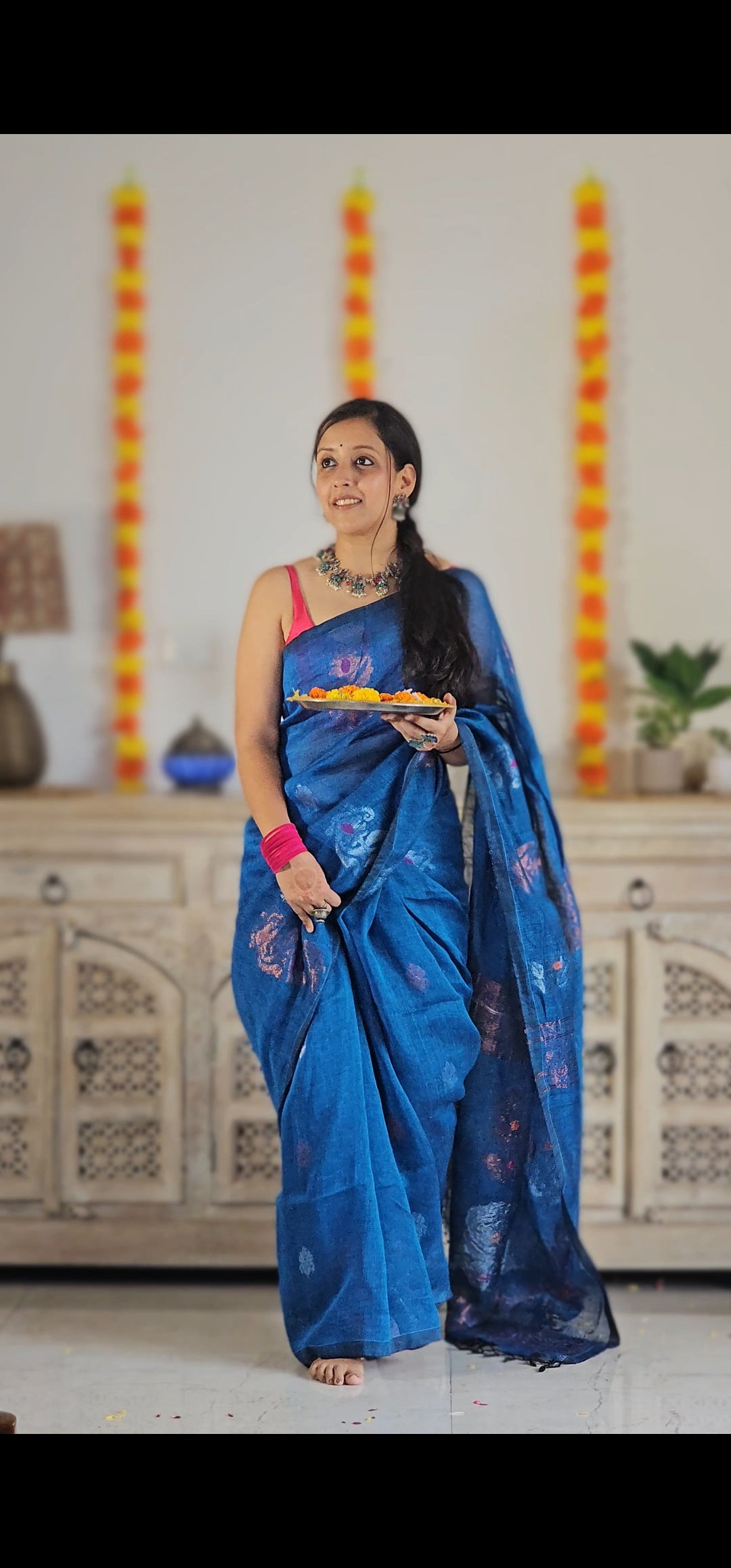 Blue flower pure handwoven linen saree with zari flowers