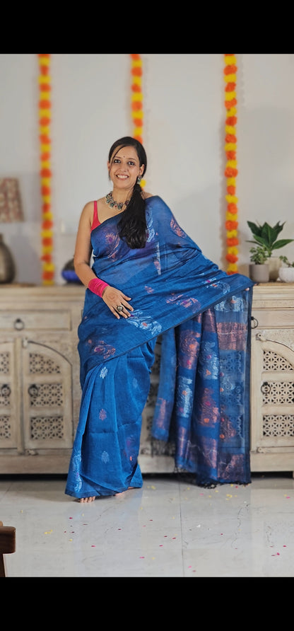 Blue flower pure handwoven linen saree with zari flowers