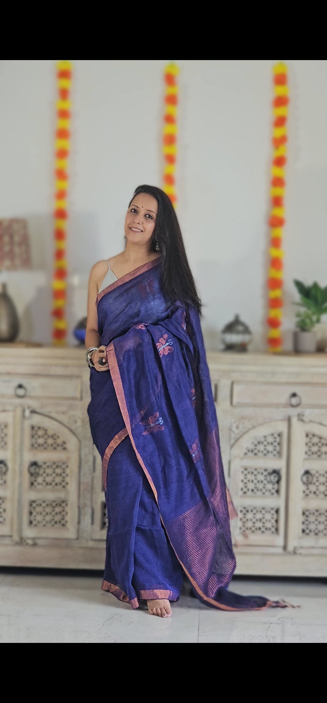 Purple pure handwoven linen saree with zari butterfly design