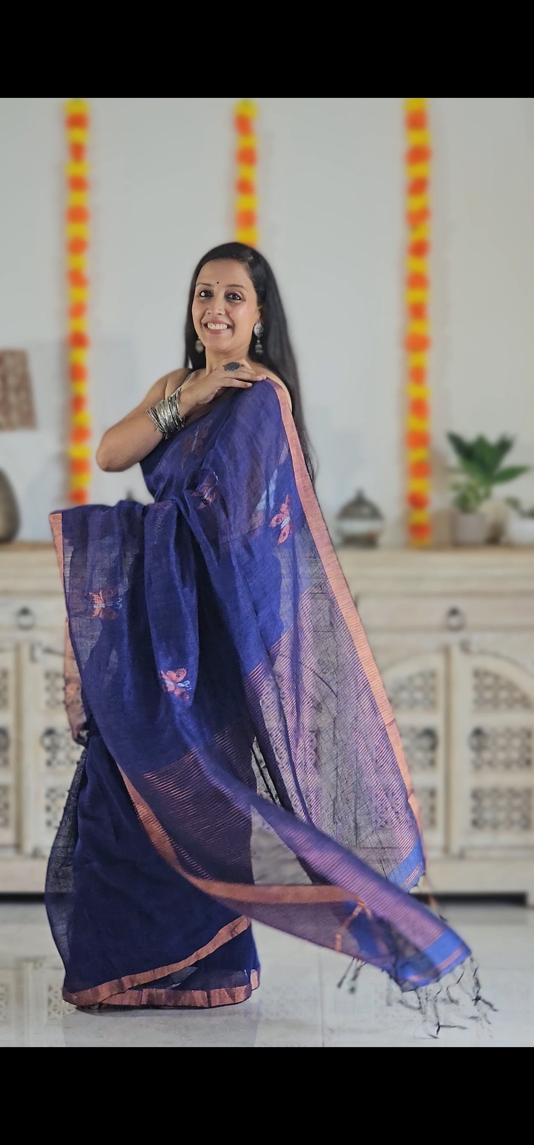 Purple pure handwoven linen saree with zari butterfly design
