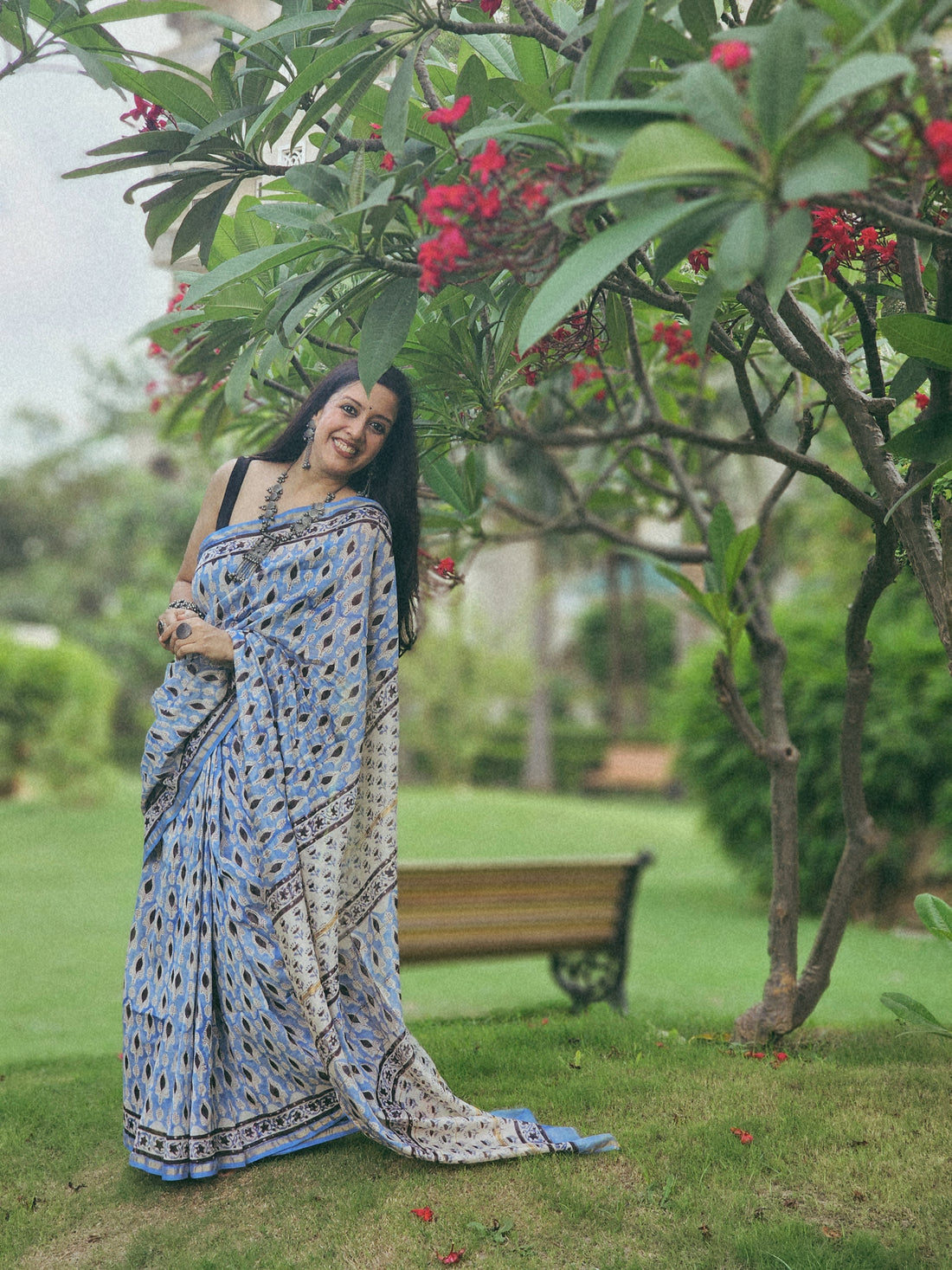 Blue and Black handblock chanderi saree
