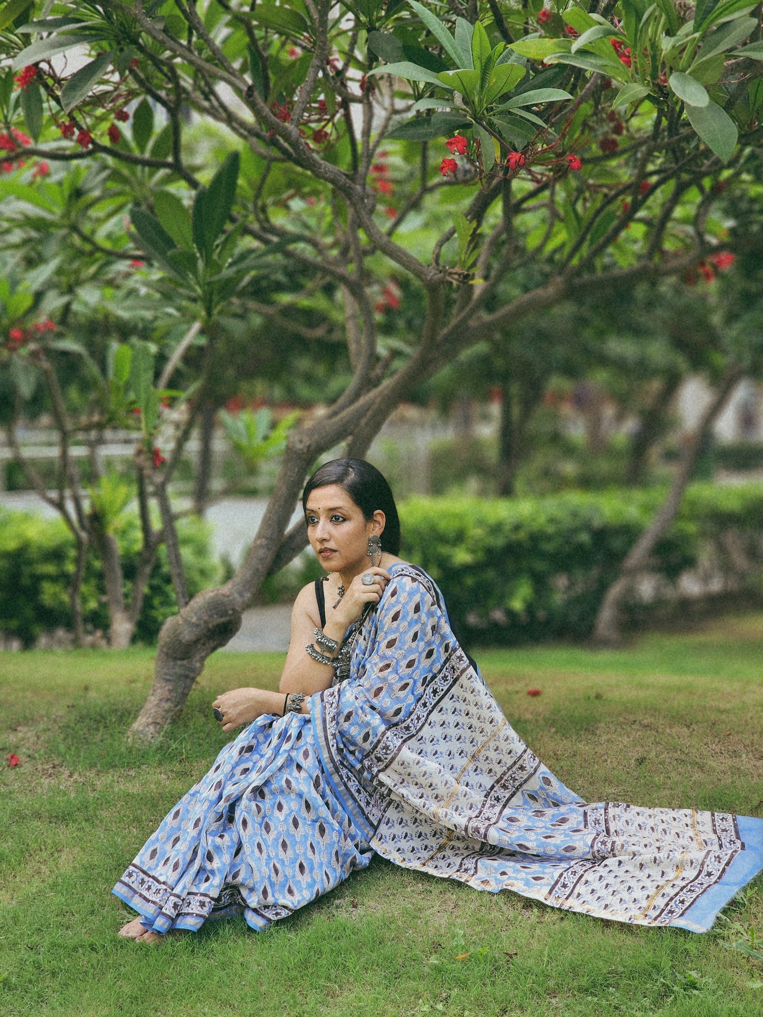 Blue and Black handblock chanderi saree