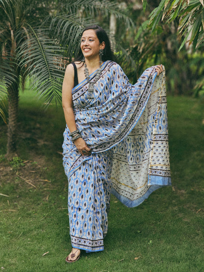 Blue and Black handblock chanderi saree