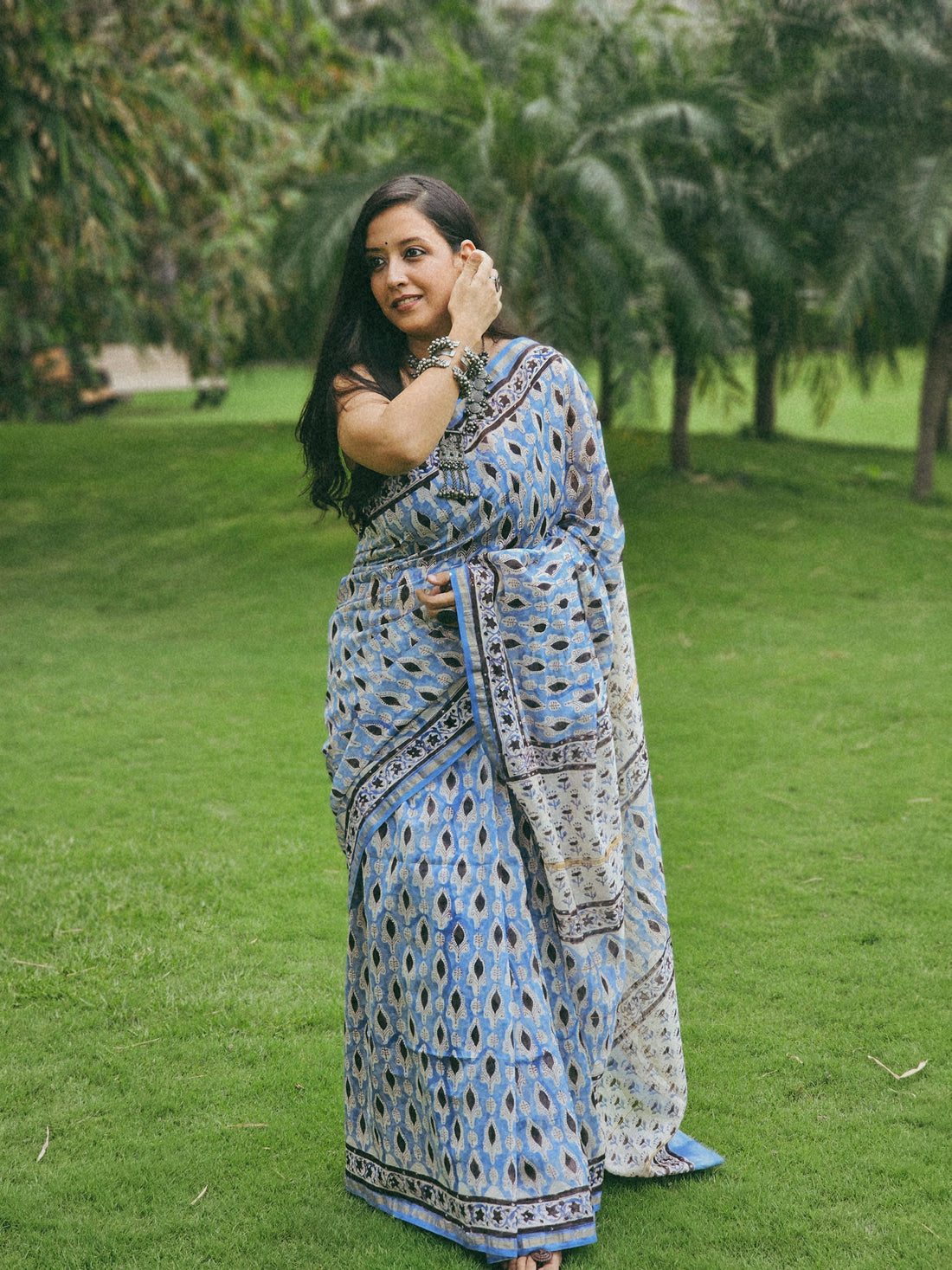 Blue and Black handblock chanderi saree
