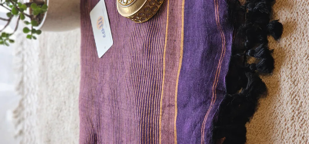 Purple Pure Handwoven Linen saree with Zari strips