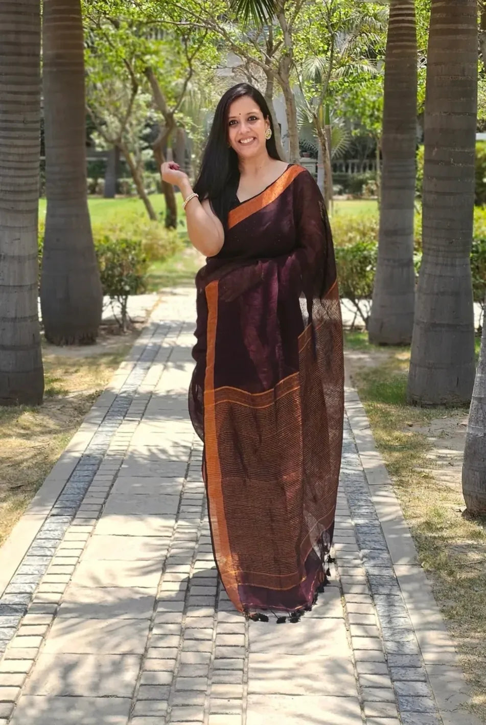 Coffee Pure Handwoven Linen saree with Zari strips