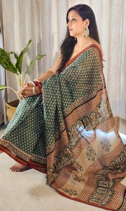 Green and red Handblock Cotton Chanderi saree