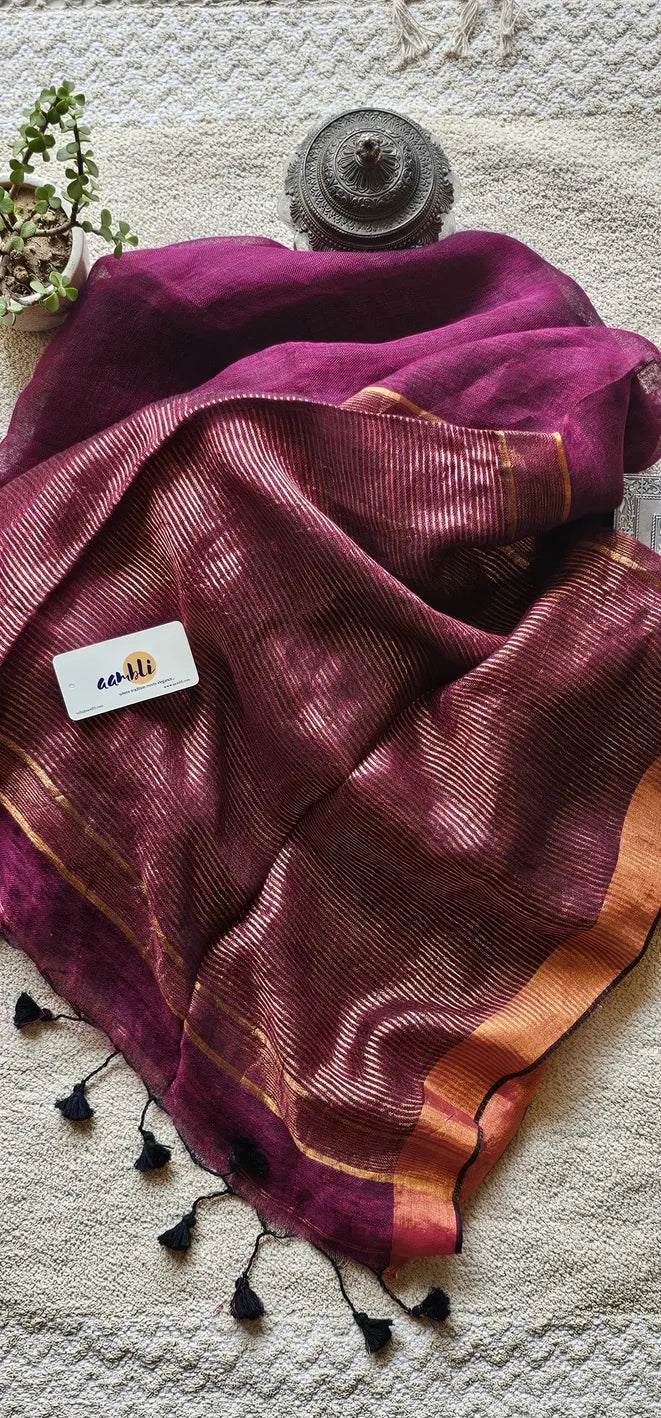 Magenta Pure Handwoven Linen saree with Zari strips