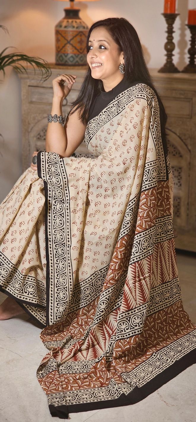 Beige-Black Handblock Mul Cotton Saree