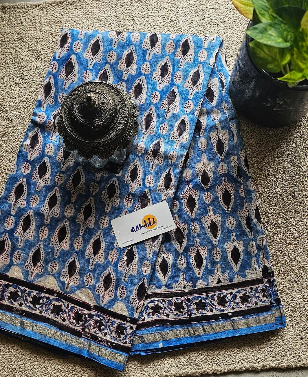 Blue and Black handblock chanderi saree