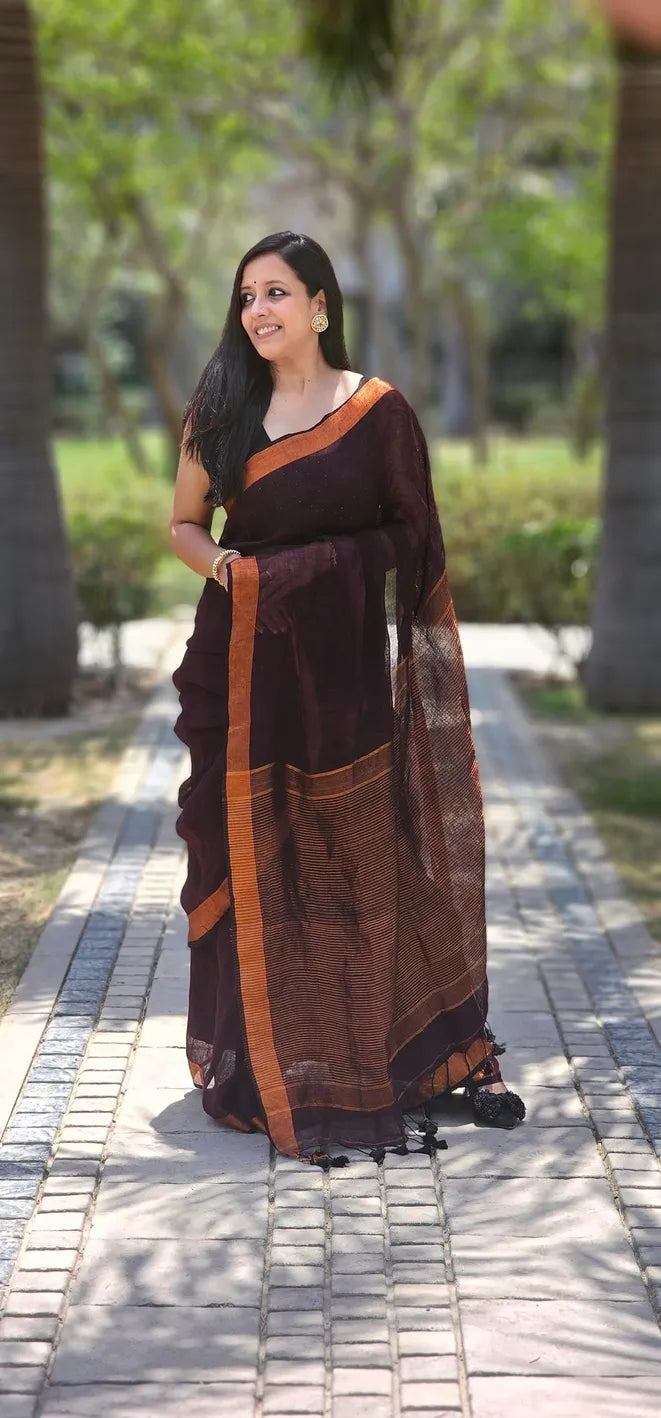 Coffee Pure Handwoven Linen saree with Zari strips