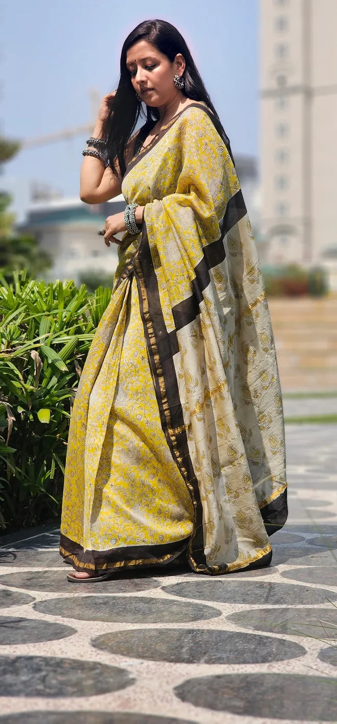 Sunshine yellow Handblock Cotton Chanderi saree