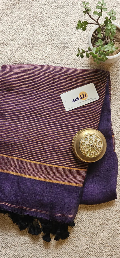 Purple Pure Handwoven Linen saree with Zari strips