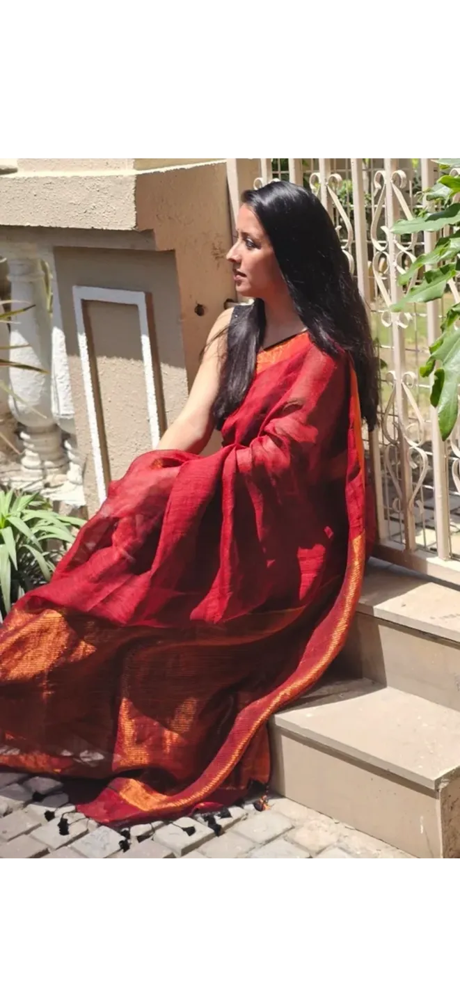 Maroon Pure Handwoven Linen saree with Zari strips