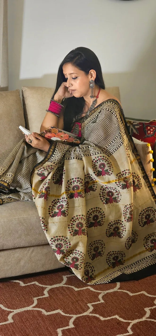 Black checkered Handblock cotton chanderi saree