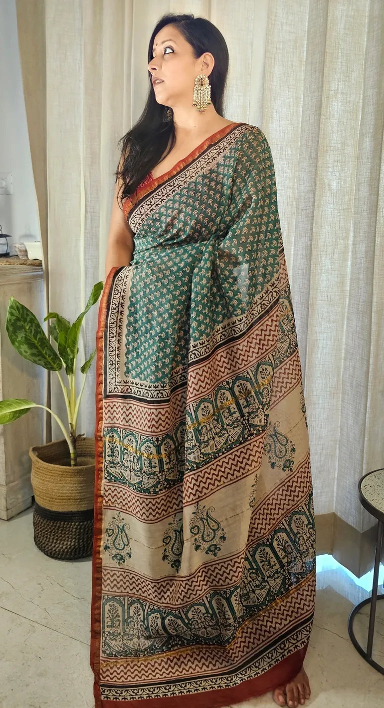 Green and red Handblock Cotton Chanderi saree
