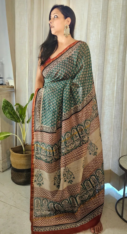 Green and red Handblock Cotton Chanderi saree
