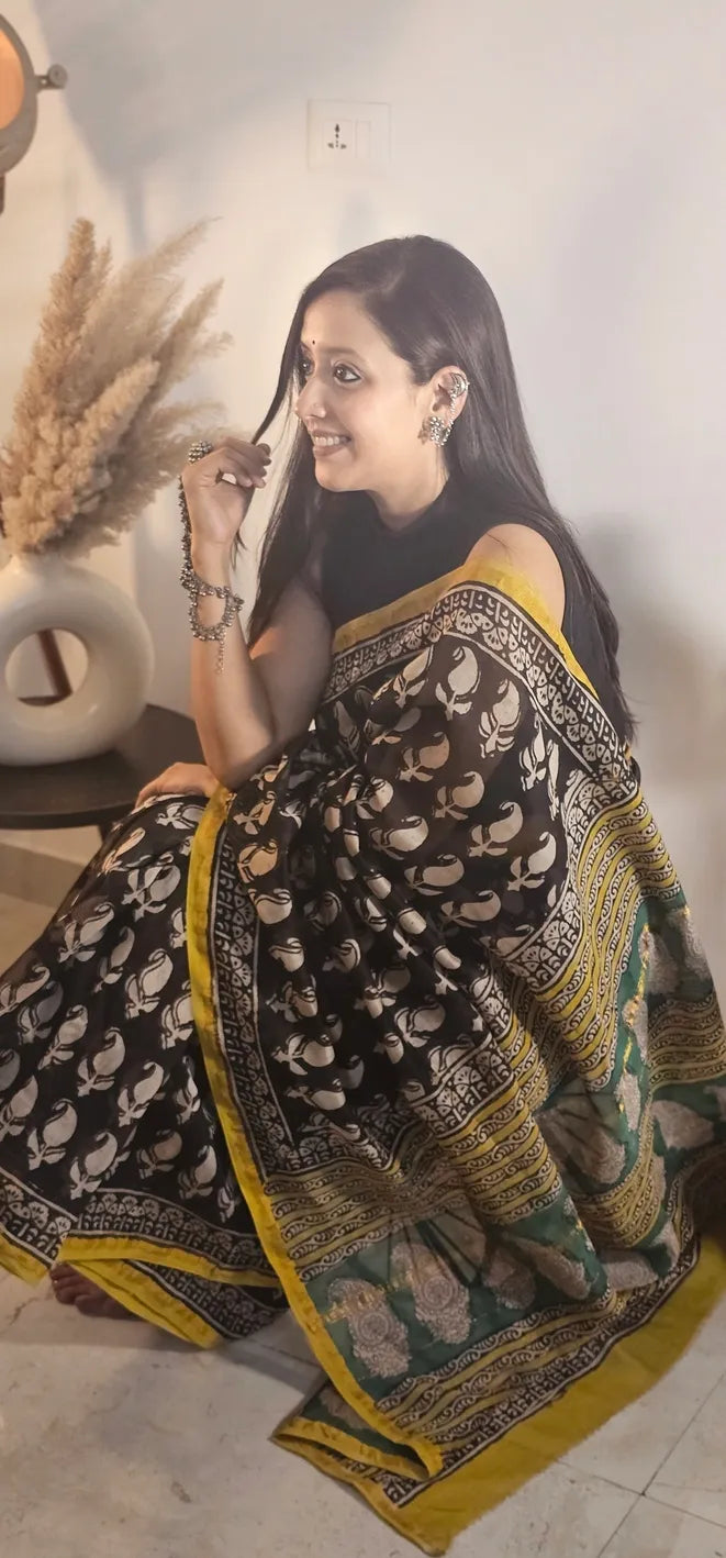 Black and yellow Handblock Cotton Chanderi Saree
