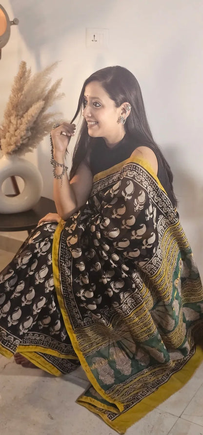 Black and yellow Handblock Cotton Chanderi Saree