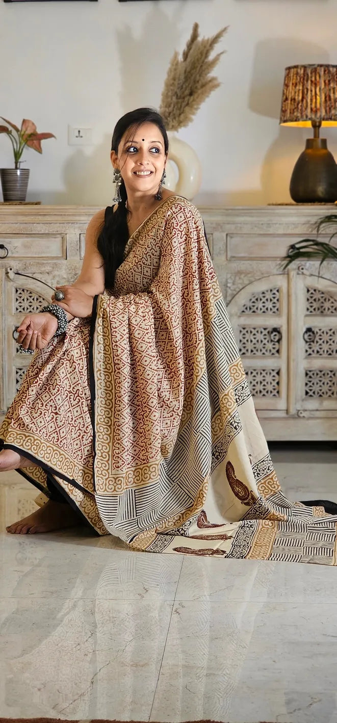 Red and beige Handblock Mul Cotton Saree