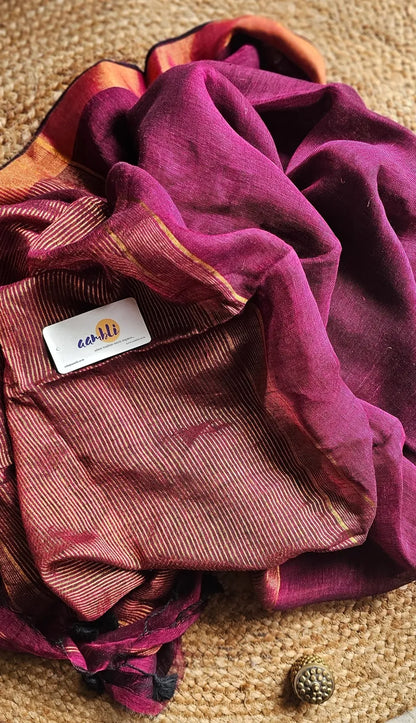 Magenta Pure Handwoven Linen saree with Zari strips