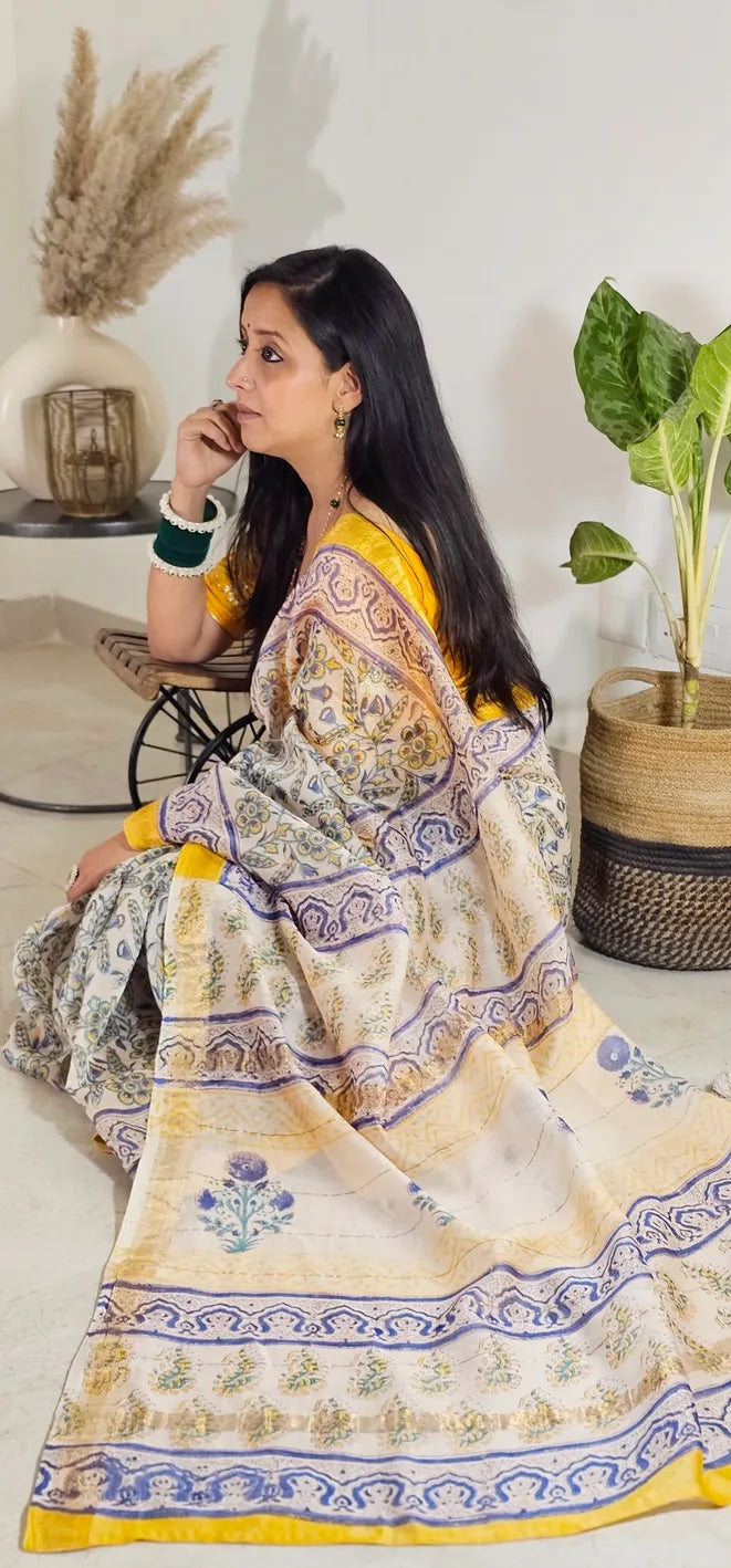 Yellow and purple Maheshwari silk saree
