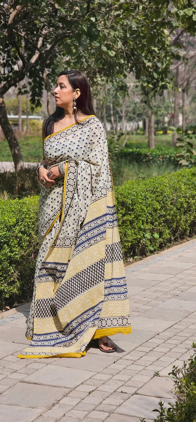 Beige Yellow Handblock Mul Cotton Saree