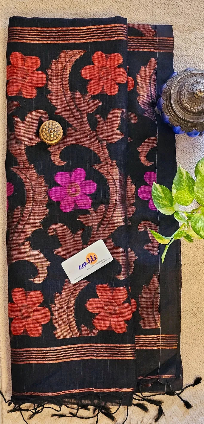 Black flower pure handwoven linen saree with zari flowers