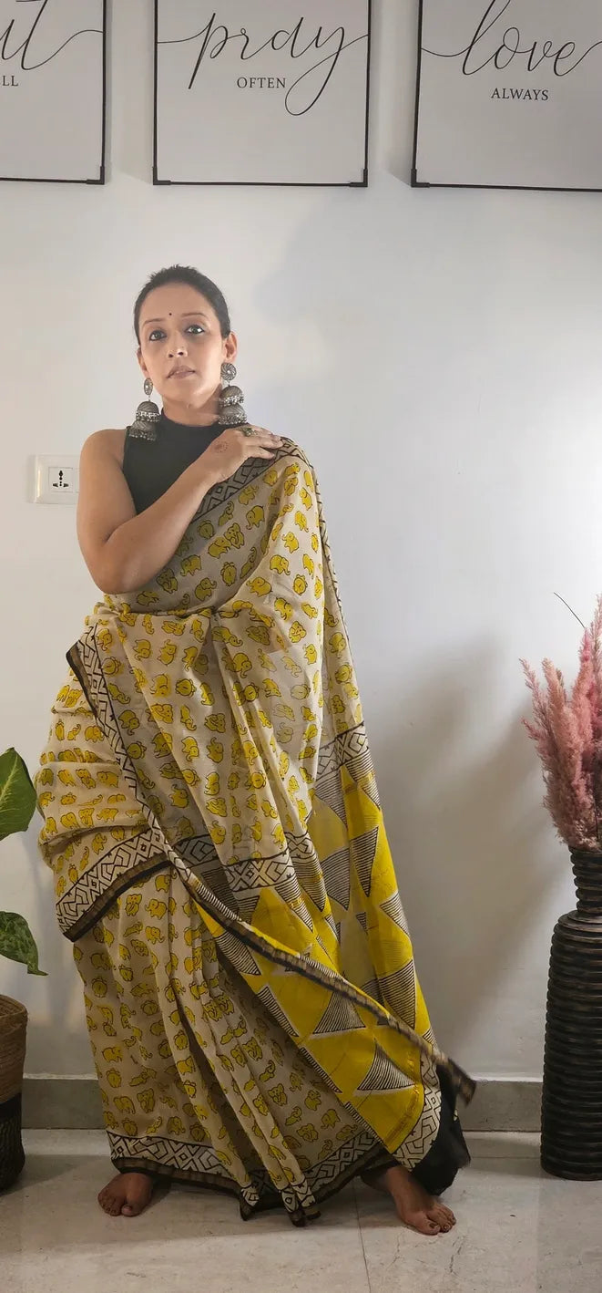 Quirky Elephant Handblock Cotton Chanderi Saree