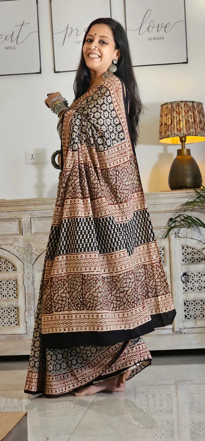 Black Handblock Mul Cotton saree