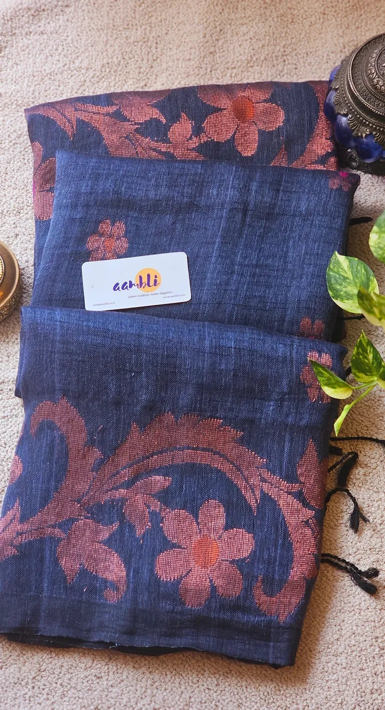Grey flower pure handwoven linen saree with zari flowers