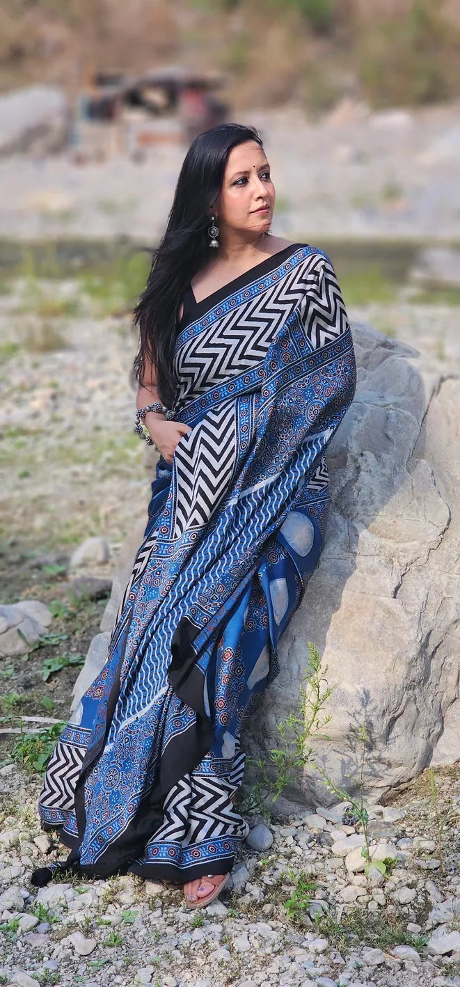 Blue and white cirlced Pure handblock Modal Silk Saree