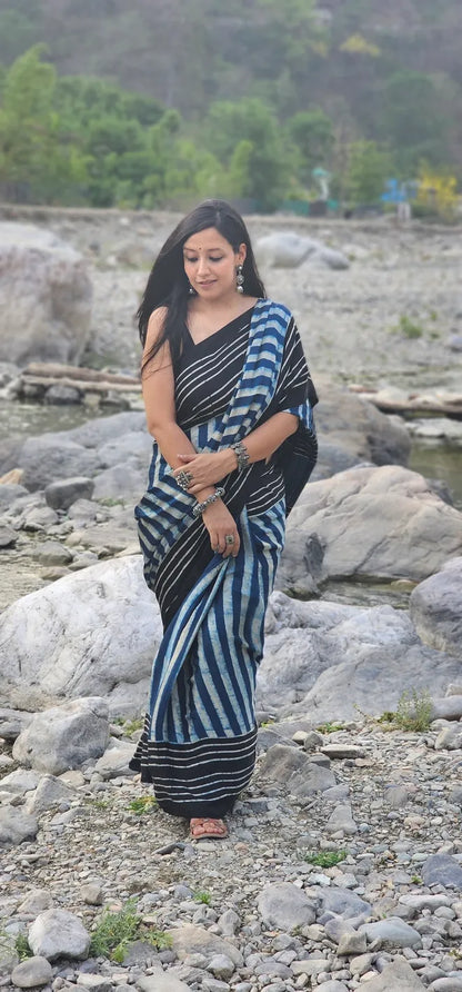 Blue and Black striped Pure handblock Modal Silk Saree