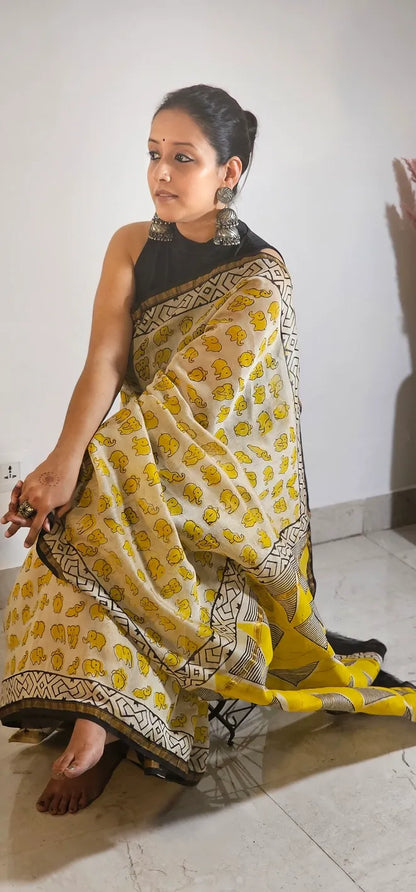 Quirky Elephant Handblock Cotton Chanderi Saree